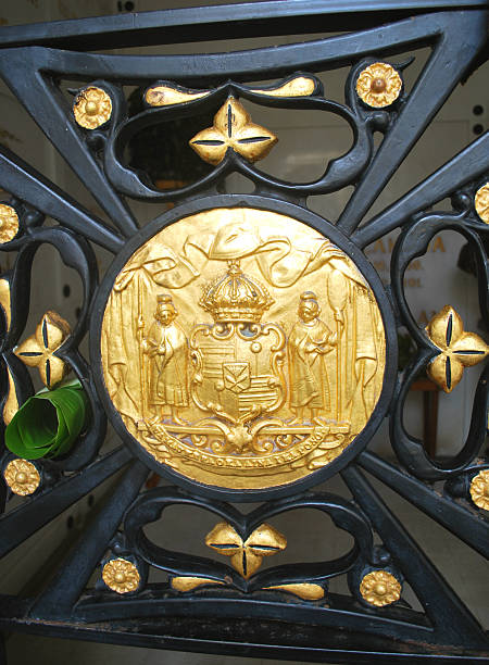 Royal seal of the former Kingdom of Hawaii on the Gates of Royal Mausoleum of Hawaii. It is the final resting place of Hawaii's two prominent royal families: the Kamehameha Dynasty and the KalAkaua Dynasty.