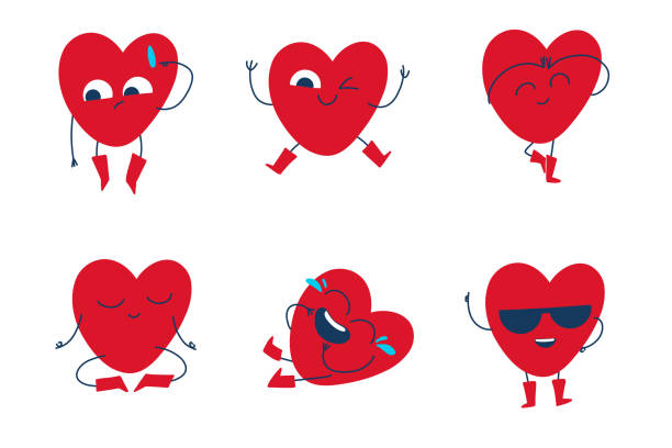 illustrations, cliparts, dessins animés et icônes de vector set of  adorable heart character in different poses with happy emotion on white background. - image smiley gratuit