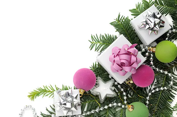 "Christmas background in pink,white and green with copy space"