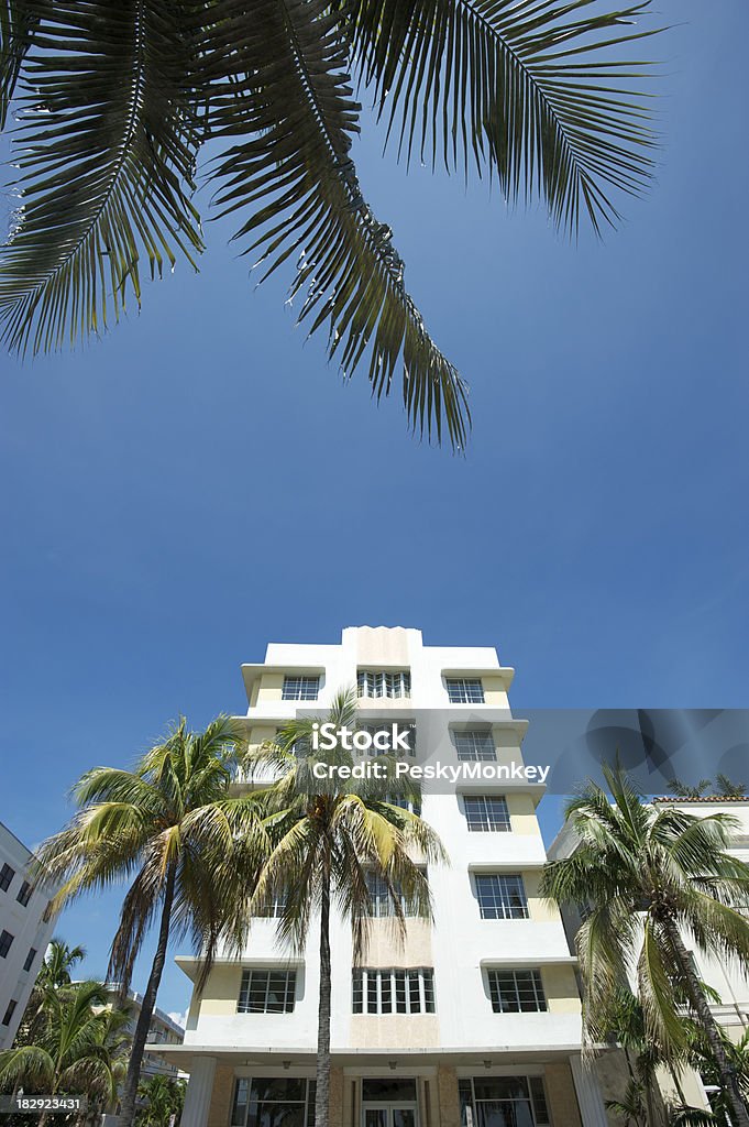 Miami Art Deco Building w Palm Fronds Quintessential Miami Art Deco building in pastel yellow against blue sky with palm fronds Architecture Stock Photo