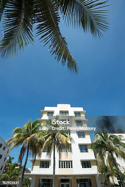 Miami Art Deco Building W Palm Fronds Stock Photo - Download Image Now - Architecture, Art Deco, Art Deco District - Miami