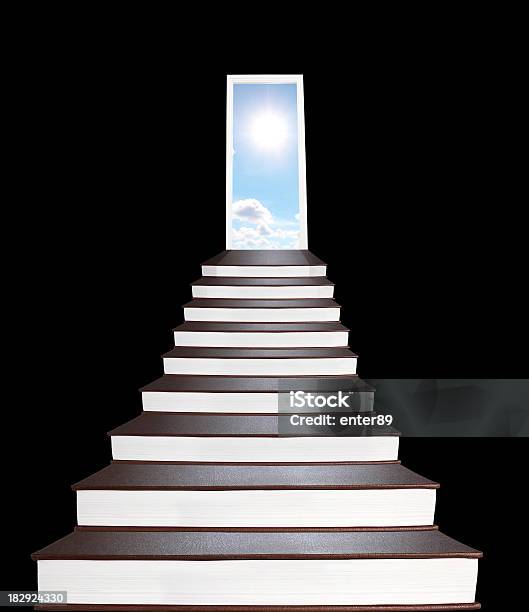 Stairway To All Mankinds Knowledges Made Of Books Stock Photo - Download Image Now - Abstract, Black Background, Blue