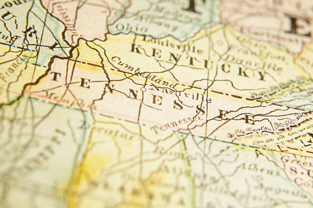 State of Tennessee Map (High Resolution Image) Macro shot on a US map from 1881 showing the state of Tennessee. Taken with Canon 5D Mark II and Sigma Lens. Selective focus on the center of the image.SEE MORE US STATES MACRO SHOTS ON A MAP: tennessee map stock illustrations