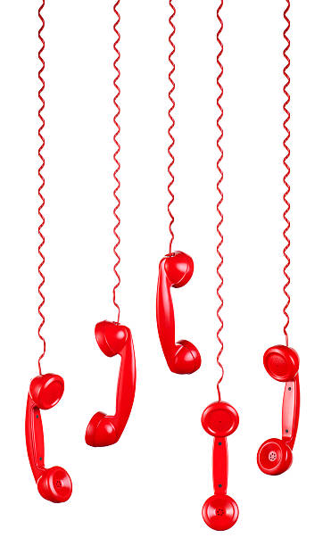 This is a photo of 5 red phones hanging on a white background.There are similar images in the telephone lightbox below.
