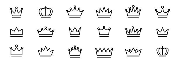 kronen-thin-line-icon-set. silhouette kronen-kollektion. schwarzes kronensymbol. vektor-illustration. - wasserkrone stock-grafiken, -clipart, -cartoons und -symbole