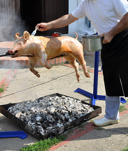 arrostire maialino all'aperto - spit roasted barbecue grill barbecue pork foto e immagini stock