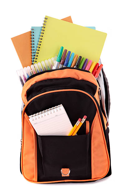 rucksack mit schulsachen - pen color image black book stock-fotos und bilder