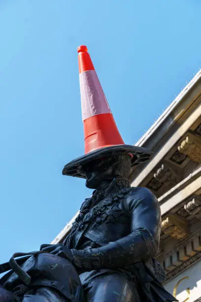 Photo of Duke of Wellington statue in Glasgow - close-up view with cone on head