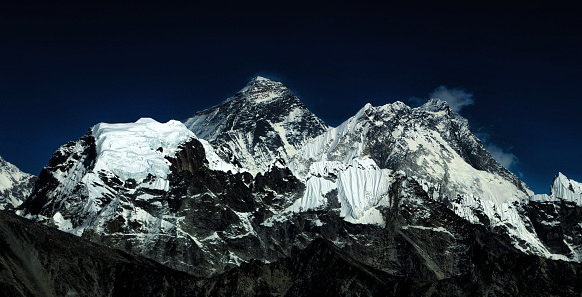 Everest base camp trekking. high mountains in Nepal. Snow summits. blue sky. high altitude landscape. High quality panorama photo