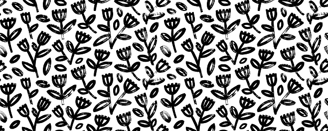 Botanical seamless banner design with wild plants. Brush drawn geometric style flowers. Cute natural grunge background. Small branches with leaves, stems with flowers. Spring wallpaper.