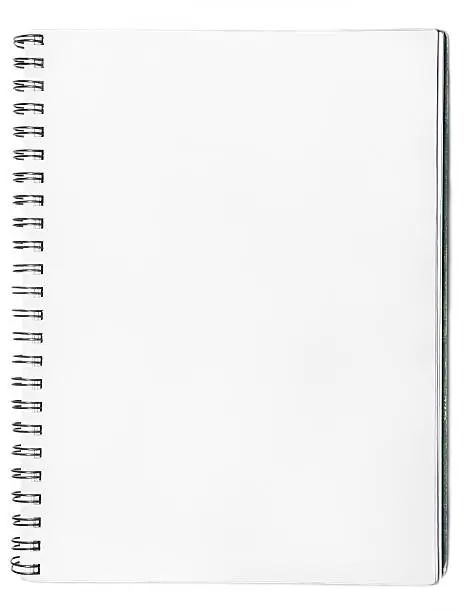 A sketchbook lies open to a blank page. Isolated on white.