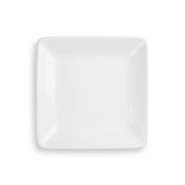 prato de jantar vazia isolada no branco com traçado de recorte - plate square square shape white imagens e fotografias de stock