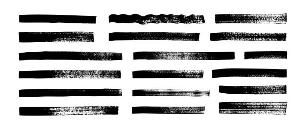 Black highlighter bold horizontal lines set. Brush drawn vector stripes with dry brush texture. Black highlighter bold horizontal lines set. Brush drawn vector stripes with dry brush texture. Grunge marker highlight underline strokes. Scribble charcoal thick long isolated lines. in a row single line symbol underline stock illustrations
