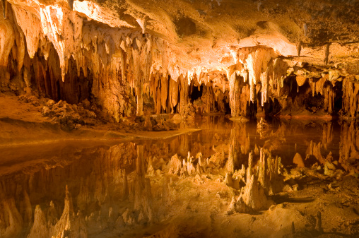 Nice reflection of stalactites in very quiet water in a cave. Luray Caverns in Virginia