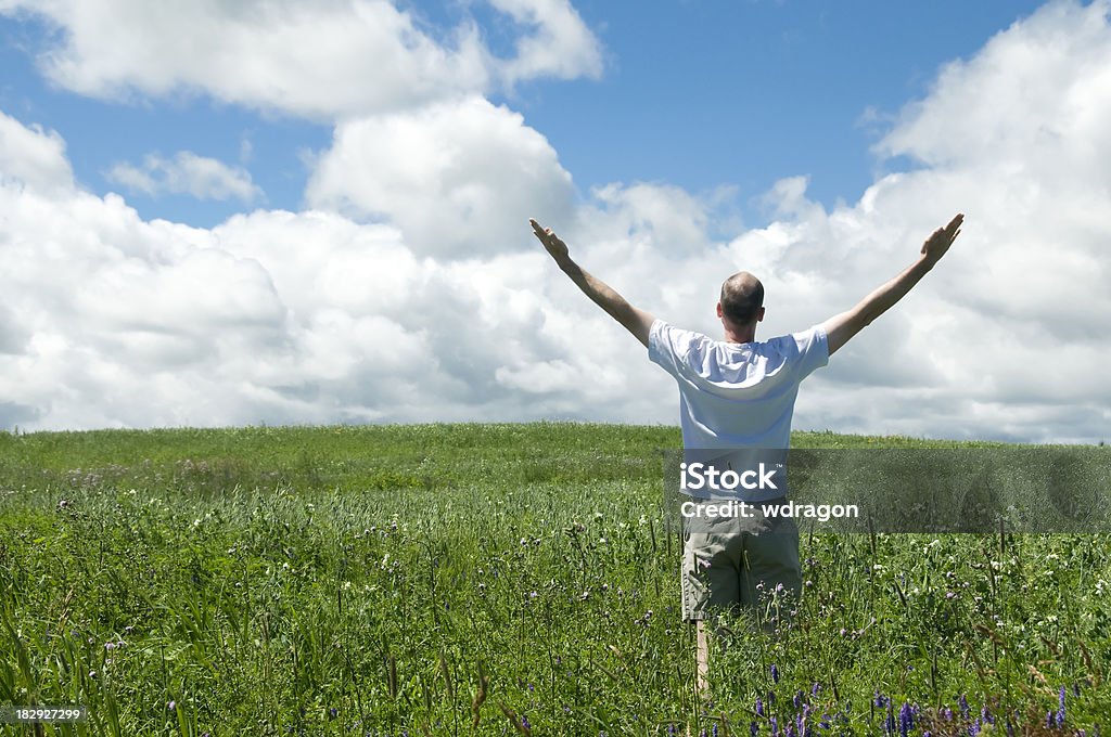 Homem de pé em um campo agradecer ao deus - Foto de stock de Adulto royalty-free