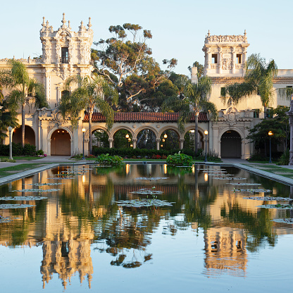 Casa de Balboa and the House of Hospitality reflected in the lily pond (San Diego, California).