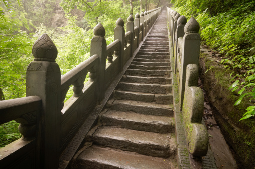 Stairs to Old Temple in Wudangshan mountains. China.