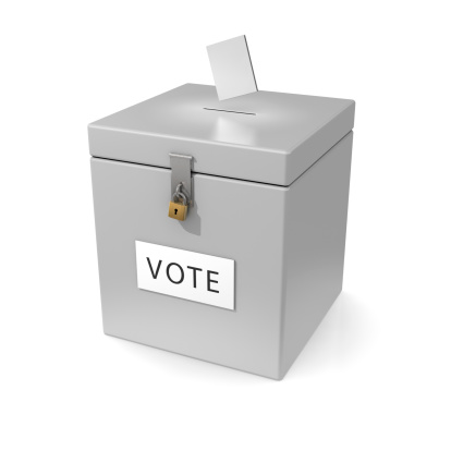 Ballot box with ballot isolated on a white background.Could be a useful image in a election composition.This is a detailed 3d rendering.