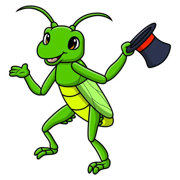 Vector illustration of Cute grasshopper cartoon holding hat