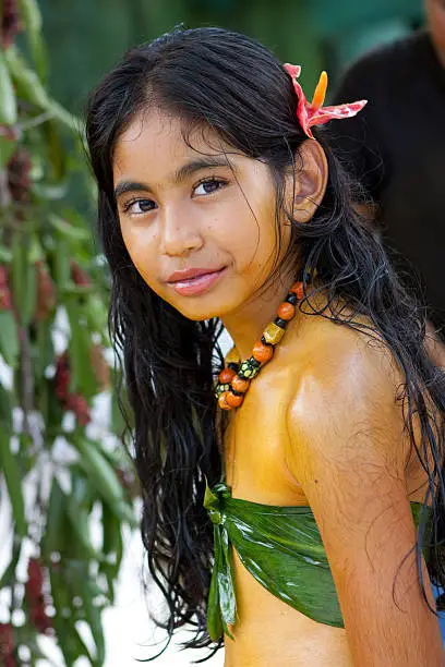 This young Palauan girl is dressed up on a handmade (by her) skirt and top with a long string of very valuable Palauan money beads.  She is participating in Palau's unique First Born Ceremony.