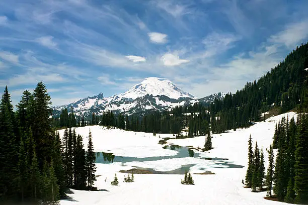"Mt Rainier and Tipsoo Lake in Winter, Washington State, USA."