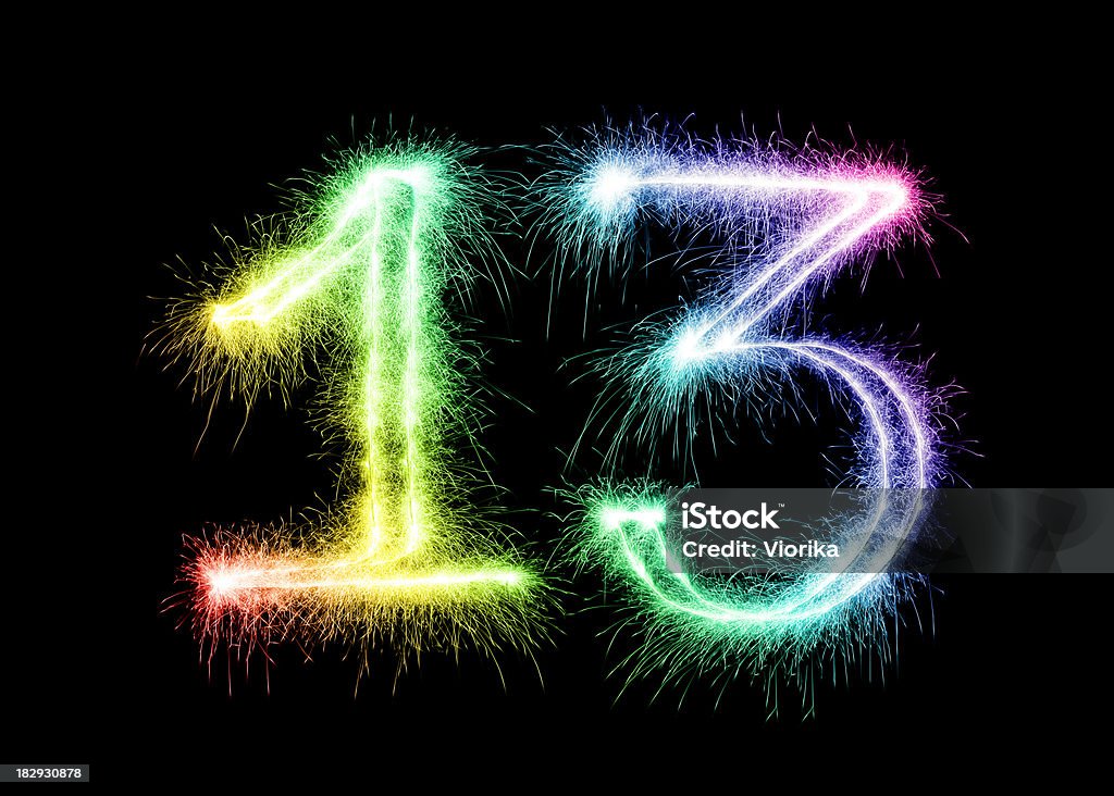 Sparkling Number 13 (XXL) "Sparkling multi colored number 13 on a pure black background. Can be used for birthdays, anniversaries." Number Stock Photo