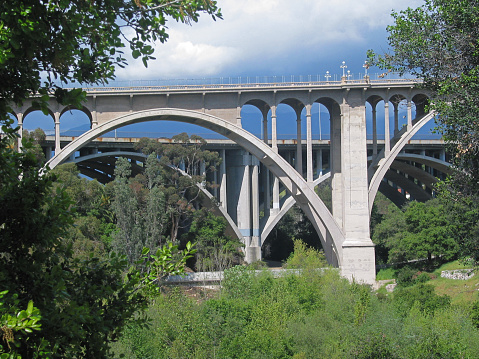 Southern view within the Arroyo Seco of the Colorado Bridge with the California State Highway 134 Bridge in the background.