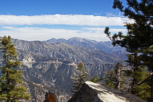 View from Eastern Twin Peaks of the abandon portion of California State Highway 39 in the Angeles National Forrest with Mt Baldy in the distant horizon.