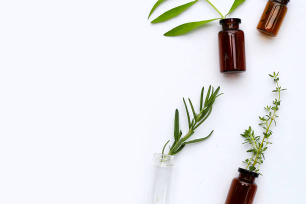 istock Fresh herbs with essential oil bottles on white background. 1829330583