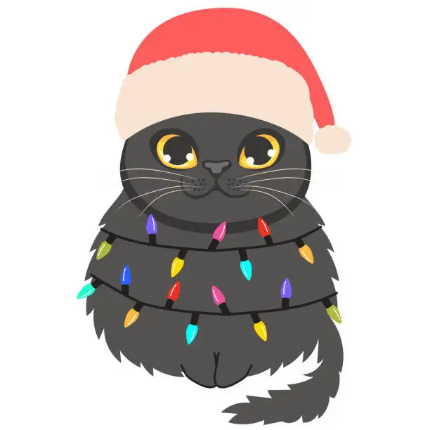 Vector illustration of Cute Black Cat Santa Claus hat With Colorful Light Bulbs Drawing