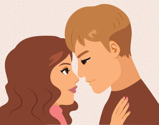 ilustrações de stock, clip art, desenhos animados e ícones de young adult couple side view first kiss illustration - human face heterosexual couple women men