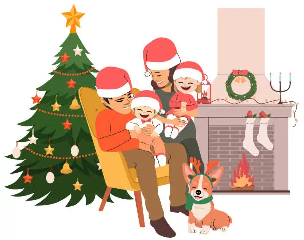 Vector illustration of Happy Family On Christmas Indoors Illustration