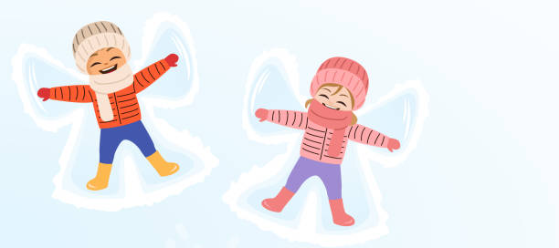 Children Making Snow Angel Banner Design Children making snow angels banner design. Family spends time together on winter season activities Ñartoon flat vector illustration making snow angels stock illustrations