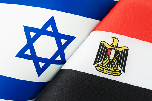 Background of the flags of the israel, Egypt. The concept of interaction or counteraction between the two countries. International relations. political negotiations. Sports competition.
