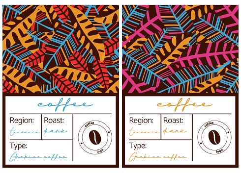 Collection of Leaf Pattern Coffee Labels. African pattern coffee packaging design in brown, blue and pink kogi colors