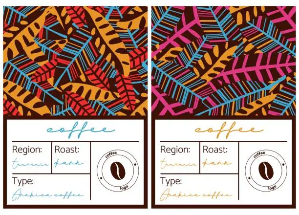 Vector illustration of Collection of Leaf Pattern Coffee Labels. African pattern coffee packaging design in brown, blue and pink kogi colors