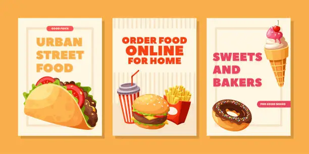 Vector illustration of Vibrant Posters Showcase Delectable Fast Food. Juicy Burger, Crispy Fries, Taco, Donut And Refreshing Drinks