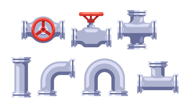set pipa air logam, saluran untuk aliran cair. barang-barang penting untuk pipa ledeng, mereka mengangkut air ke rumah - cangklong produk tembakau ilustrasi stok
