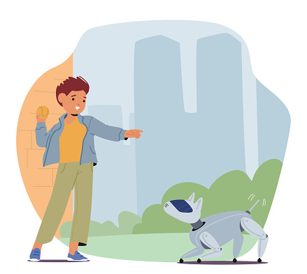 Gleeful Child Joyfully Engages With Robotic Dog, Their Laughter Echoing In The Air As The Futuristic Companion Responds With Animated Enthusiasm To The Playful Interaction. Cartoon Vector Illustration