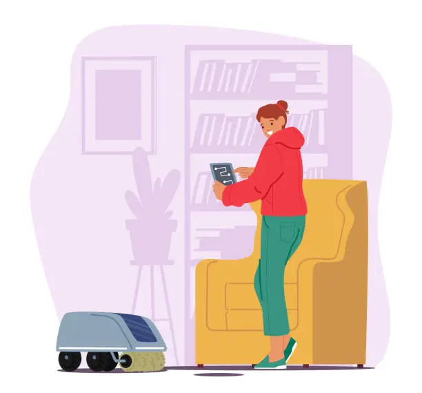 Vector illustration of Woman Effortlessly Directs Robot Cleaner Across The Floor, Embracing The Convenience Of Technology For A Spotless Home