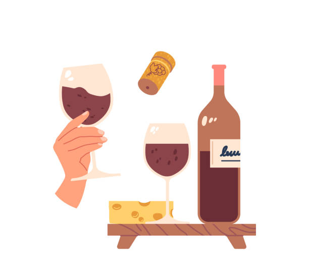 ilustrações, clipart, desenhos animados e ícones de mão graciosa embala uma taça de vinho ao lado de uma elegante garrafa de vinho em pé na bandeja de madeira com um pedaço de queijo - champagne flute wine isolated wineglass