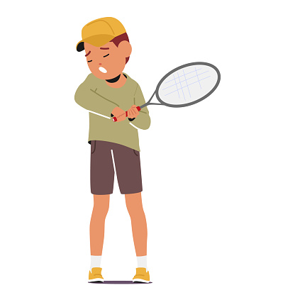 Exhausted And Bleary-eyed, Tired Sleepy Kid Boy Character with Tennis Racquet in Hands, Fatigue Takes Its Toll As Tired Child Yearning For The Embrace Of A Cozy Bed. Cartoon People Vector Illustration