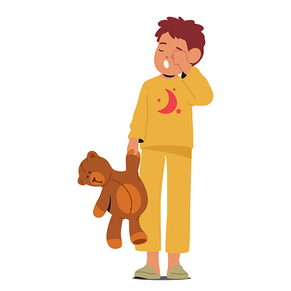 Exhausted, Sleepy Kid Yawns Widely, Eyes Drooping With Weariness, Clutching A Teddy Bear For Comfort. Child Character Struggles To Stay Awake, Seeking Comfort Of A Restful Slumber. Vector Illustration
