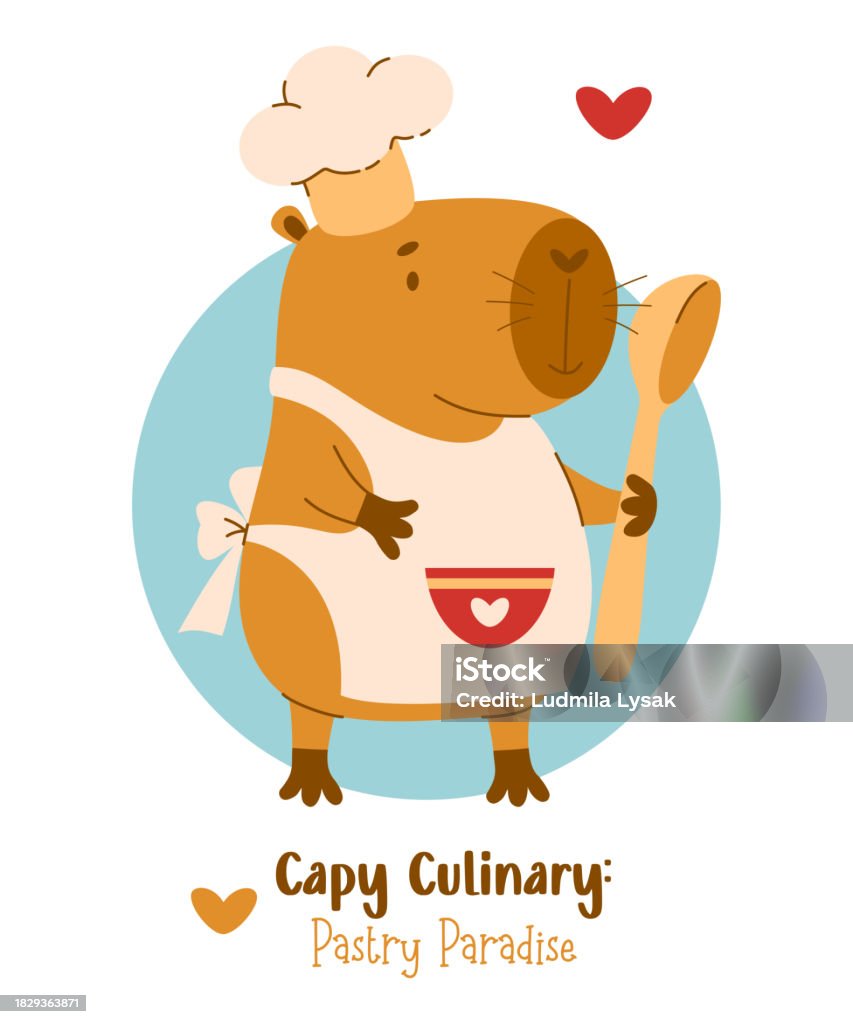 Cute Capybara Cook With Spoon Funny Capibara Character Vector