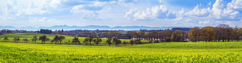 Autumn landscape, panorama, banner - view of the surroundings of the town of Ebersberg against the backdrop of the Alps, Upper Bavaria, Bavaria, Germany