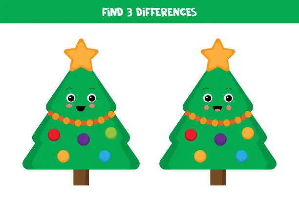 Vector illustration of Find 3 differences between two cute cartoon Christmas trees.