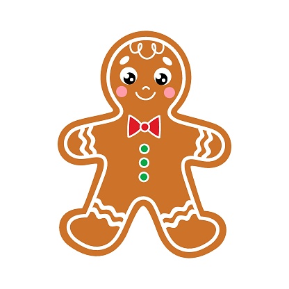 Gingerbread man. Christmas cookies in cartoon flat style. Cute Xmas classical biscuits. Isolated vector illustration on a white background. Perfect for Christmas and New Year holiday design.