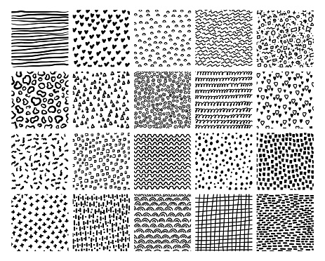 Black doodle textures. Hand drawn decorative patterns. Monochrome abstract backgrounds. Curves or lines prints. Free forms. Geometric shapes. Polka dots. Scribble spirals and hearts. Recent vector set