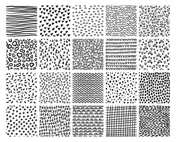 Vector illustration of Black doodle textures. Hand drawn decorative patterns. Monochrome abstract backgrounds. Curves or lines prints. Free forms. Geometric shapes. Scribble spirals and hearts. Recent vector set