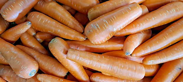 Pile of fresh carrot on the counter at the local market